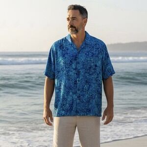 Tropical Tantrum Men's Size Large Aloha Hawaiian Shirt Exterior Pocket Blue